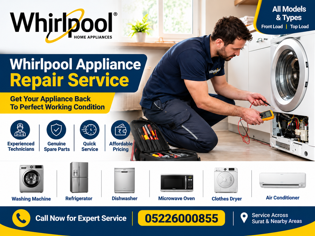 We Provide Professional And Reliable Whirlpool Appliance Repair Services Across Lucknow. Our Trained Technicians Have Experience In Inspecting, Diagnosing, Repairing, And Servicing A Wide Range Of Whirlpool Home Appliances, Including Washing Machines, Refrigerators, Air Conditioners, Microwave Ovens, Dishwashers, Deep Freezers, And Other Whirlpool Appliances.