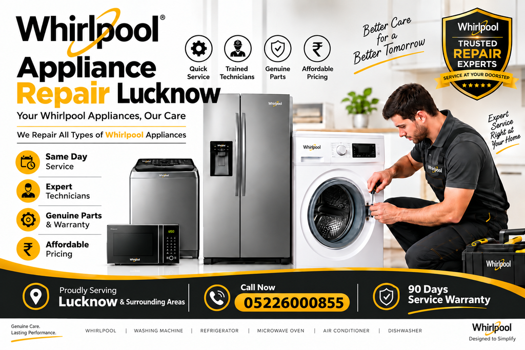 We Provide Professional And Reliable Whirlpool Appliance Repair Services Across Lucknow. Our Trained Technicians Have Experience In Inspecting, Diagnosing, Repairing, And Servicing A Wide Range Of Whirlpool Home Appliances, Including Washing Machines, Refrigerators, Air Conditioners, Microwave Ovens, Dishwashers, Deep Freezers, And Other Whirlpool Appliances.